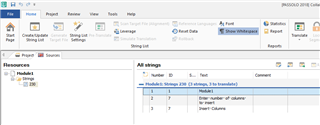 PASSOLO interface displaying a list of strings extracted from a .bas file for translation.