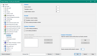 Trados Studio project settings window with options for bilingual Excel filetype, including length limitation settings.