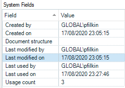 Screenshot of Trados Studio system fields showing fields such as Created by, Created on, Document structure, Last modified by, Last used by, Last used on, and Usage count with corresponding values.