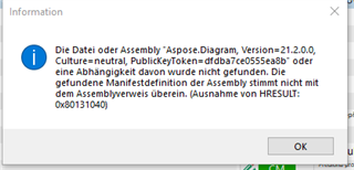 Error message in Trados Studio stating 'The file or assembly 'Aspose.Diagram, Version=21.2.0.0, Culture=neutral, PublicKeyToken=...' or one of its dependencies was not found.' with HRESULT code 0x80131040.