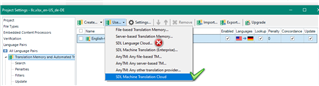 Duplicate of the second screenshot, showing Trados Studio project settings with an error for SDL Language Cloud and a correct installation indication for SDL Machine Translation Cloud.