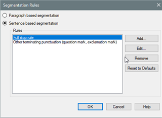 Screenshot of Trados Studio's Segmentation Rules window with options to add, edit, or remove rules for sentence-based segmentation.