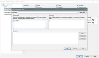 Screenshot of Trados Studio's 'Add Segmentation Rule' window with default rule settings in the description and after break fields.