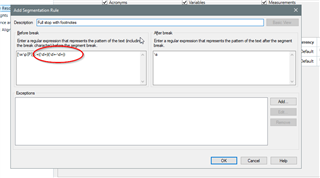 Screenshot of Trados Studio's 'Add Segmentation Rule' window with a red circle highlighting the regular expression for numbers separated by a dash in the 'before break' field.
