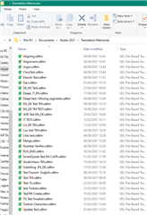 Screenshot of a file explorer window showing Trados Studio resources folder with various file types including SDLTB, SDLTM, and SDLXLIFF.