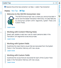Trados Studio screenshot showing the 'Useful Tips' window with tips on working with SDLTM anonymizer view, content filtering rules, system fields, and custom fields.