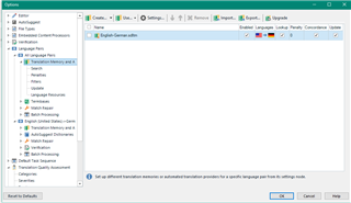 Screenshot of Trados Studio Global Settings showing an empty Translation Memory and Automated Translation pane with no TMs listed.