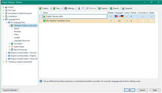Screenshot of Trados Studio Project Settings with a single TM named 'Sample Translation Cloud' listed under Translation Memory and Automated Translation.