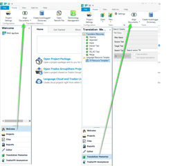 Screenshot of Trados Studio interface showing the 'Welcome View' with options for 'Open Project', 'Create Project', and 'Open Package'. Green arrows point to 'Open Project' and 'Open Package' options.