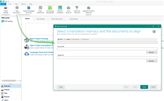 Trados Studio screenshot showing the 'Align Documents' dialog box with options to select a translation memory and the documents to align.