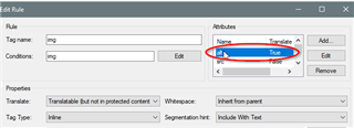 Close-up of Trados Studio's Edit Rule dialog box with the 'Translate' attribute set to 'True' for the 'img' tag.