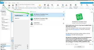Trados Studio interface with a focus on the SDL Machine Translation Cloud plugin, showing it is installed with a green checkmark.