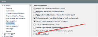 Options menu in Trados Studio showing Translation Memory settings with 'Enable LookAhead' option checked and a red line striking through it.