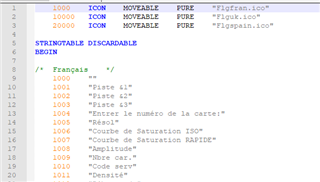 Screenshot of an .rc file opened in a text editor showing lines of code with comments indicating French language segments enclosed in quotes.