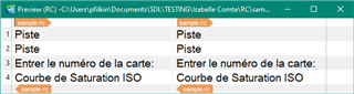 Screenshot of Trados Studio with a preview of document structure where placeholders '&1' and '&2' are missing in the text, showing only 'Piste', 'Entrez le num ro de la carte:', 'Courbe de Saturation ISO'.