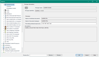 Trados Studio Options window showing File Types information with Subtitle Formats selected and details of the SRT filetype displayed.