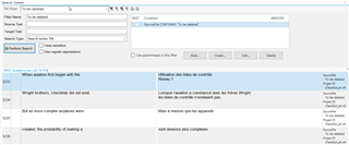 Screenshot of Trados Studio showing the Perform Search feature with a filter 'To be deleted' applied, displaying matching translation units.