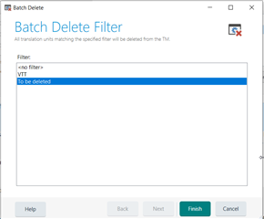 Screenshot of Trados Studio's Batch Delete Filter window with 'To be deleted' filter selected from the dropdown menu.