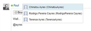 Screenshot of Trados Studio showing a user tag '@ayres' with suggested contacts list including 'Chinatsu Ayres', 'Rodrigo Pereira Cayres', and 'Terence Ayres'.