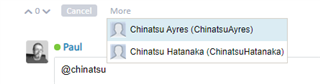 Trados Studio user interface showing a user named Paul tagging two contacts, Chinatsu Ayres and Chinatsu Hatanaka, in a comment.