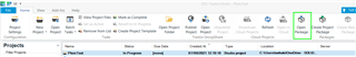 Trados Studio interface showing the 'Projects' tab with an arrow pointing to the 'Open Package' button on the toolbar.