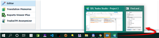 Screenshot showing Trados Studio minimized on the taskbar with a preview window above it displaying the 'SDL Trados Studio - Project1' interface.