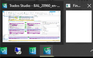 Trados Studio application window with a detached 'Find' dialog box partially visible on the right edge of the screen.