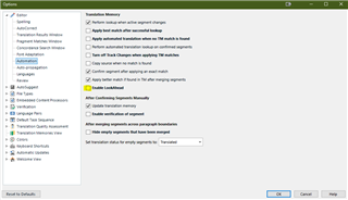 Trados Studio Options window showing 'Automation' tab with 'Enable LookAhead' option unchecked to improve performance.