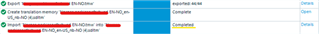 Trados Studio upgrade process window showing a completed export of 44 segments with no import count displayed.