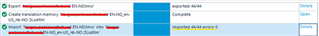 Trados Studio upgrade process window showing a completed export of 44 segments and a warning indicating no segments imported.