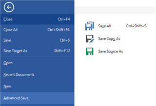 Trados Studio menu with options including Close, Save, Save Target As, and Advanced Save highlighted.