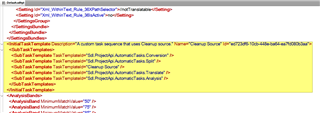 Screenshot of Trados Studio showing XML code with a highlighted section for adding a custom task sequence named 'Cleanup Source' to a project template.