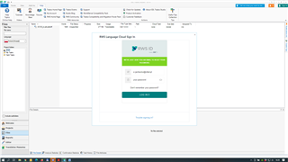 Screenshot of Trados Studio login window with RWS Language Cloud sign-in page displayed, email address entered, and 'Forgot password?' link visible.