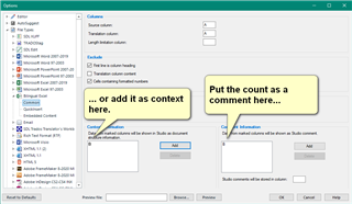 Trados Studio screenshot showing the DSI Viewer application with a highlighted suggestion to add context or put the count as a comment.