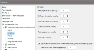Screenshot of Trados Studio's Penalty options including penalties for missing formatting, different formatting, and others.