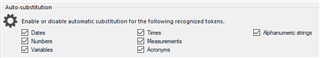 Screenshot of Trados Studio's Auto-substitution options with checkboxes for Dates, Numbers, Variables, and others.
