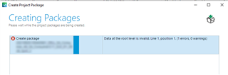 Trados Studio error message during 'Create Project Package' process showing 'Data at the root level is invalid. Line 1, position 1.'