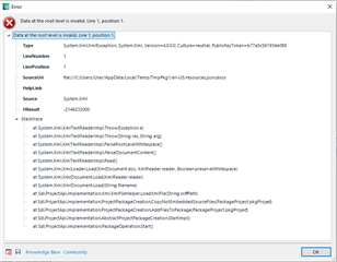 Detailed error dialog in Trados Studio with exception message 'Data at the root level is invalid' and stack trace information.