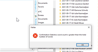 Error message in Trados Studio stating 'Confirmation Statistics word count is greater than the total number of words' with an OK button.
