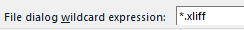 Trados Studio dialog showing the file dialog wildcard expression field with the value '*.xliff' entered.
