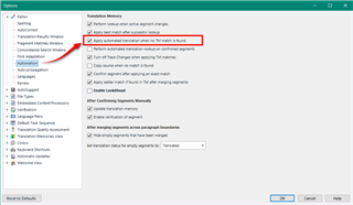Trados Studio settings window with 'Translation Memory and Automated Translation' tab open, showing an option 'Apply automated translation when no TM match is found' highlighted in red.