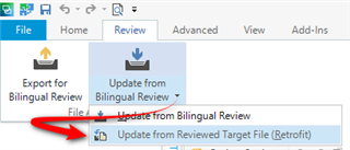 Trados Studio menu with 'File' tab selected, showing dropdown options including 'Update from Reviewed Target File (Retrofit)' highlighted with a red arrow.