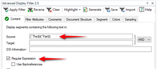 Screenshot of Trados Studio's Advanced Display Filter 2.0 with a regular expression entered in the Source field and the Regular Expression checkbox selected.