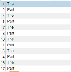 Screenshot of Trados Studio displaying filtered results with alternating rows showing the words 'The' and 'Part'.