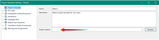 Trados Studio Project Template Settings window showing 'Name' as 'Default' and 'Description' as 'Default project template for all users'. A red arrow points to an empty 'Project template' field.