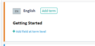 Close-up view of Trados Studio's 'Add term' button and the 'Add field at term level' link in the Termbase Viewer.