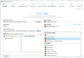 Screenshot of Trados Studio's 'Create a New Project' interface showing options to set project name, use default project template, and select source and target languages with German and French chosen.