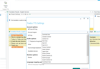 Screenshot of Trados Studio showing the TTS Settings window with various dropdown menus for voice selection and language mapping.