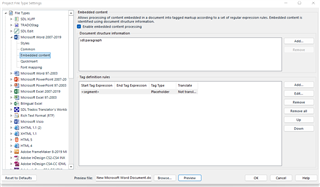 Trados Studio File Type settings window showing 'Embedded content' selected with description about processing of content embedded in a document.