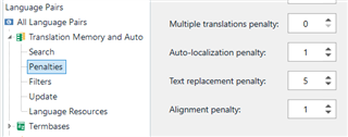 Trados Studio settings showing Penalties section under Language Pairs with values for multiple translations, auto-localization, text replacement, and alignment penalties.